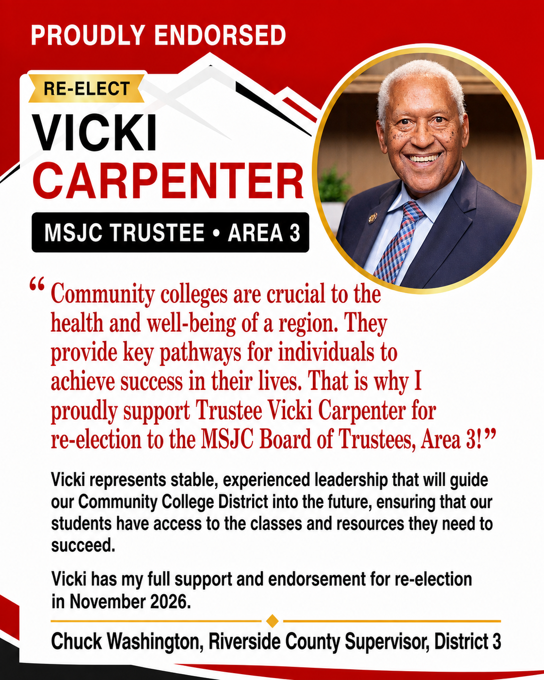 Endorsement flyer: Chuck Washington, Riverside County Supervisor, District 3